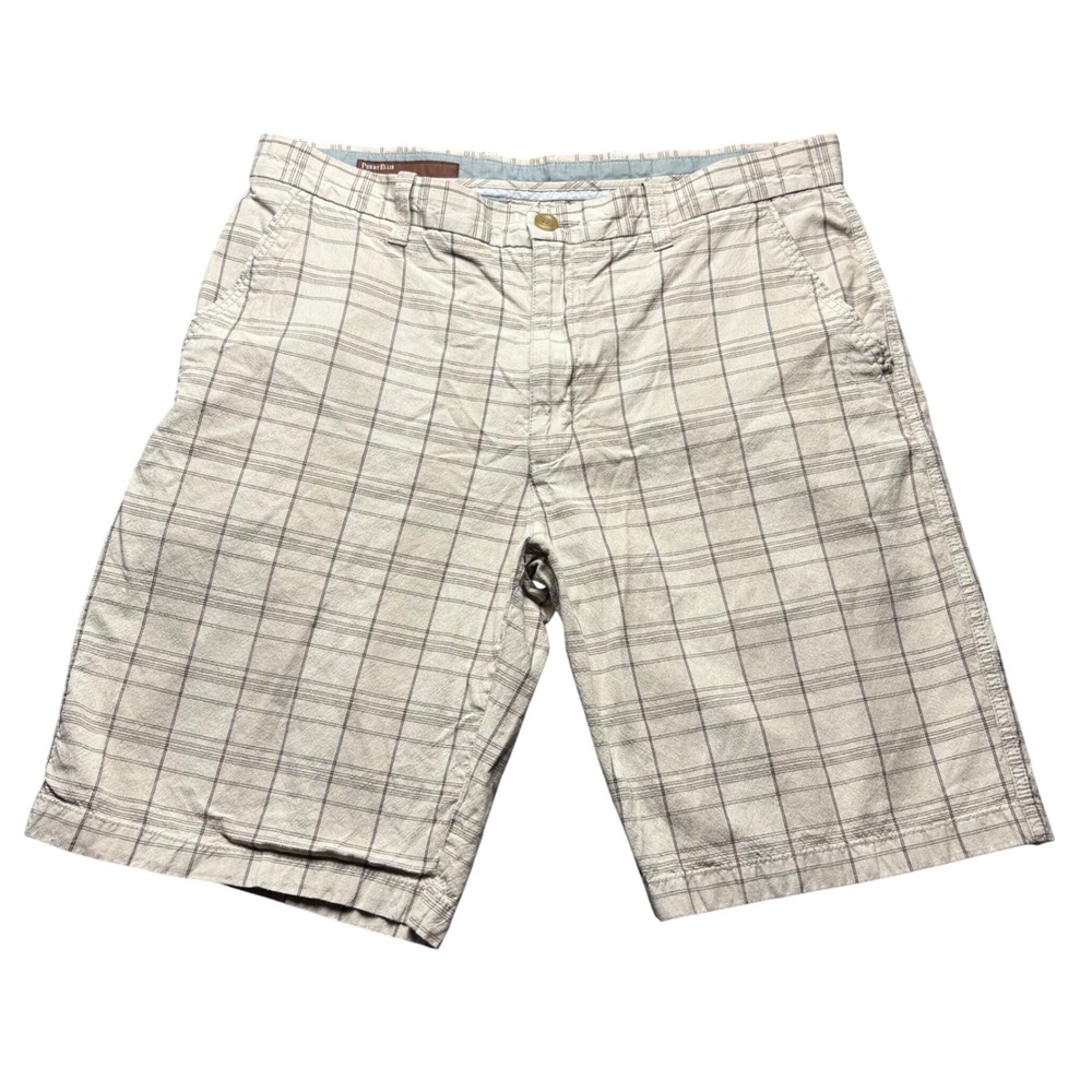 Perry Ellis Shorts Mens 36 Beige Plaid 100% Cotton Flat Front Casual